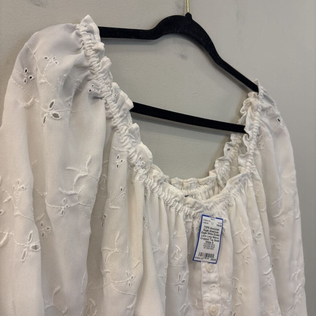 American Eagle White Eyelet Lace Long Sleeve Cropped Top Small