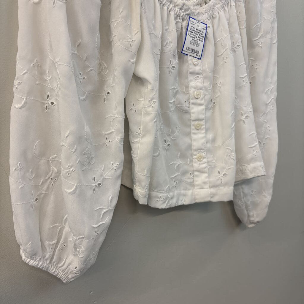 American Eagle White Eyelet Lace Long Sleeve Cropped Top Small