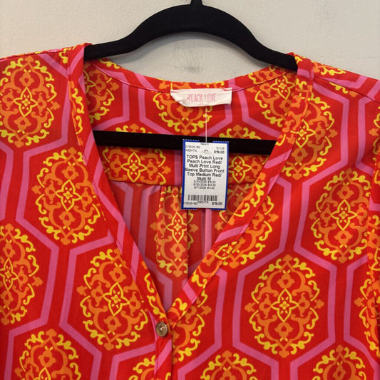Peach Love Red/ Multi Print Long Sleeve Button Front Top Medium