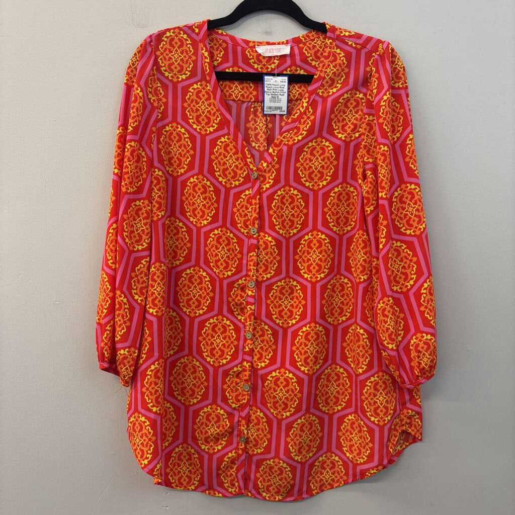 Peach Love Red/ Multi Print Long Sleeve Button Front Top Medium