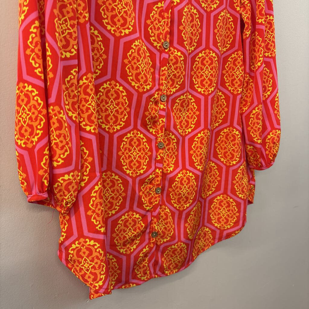 Peach Love Red/ Multi Print Long Sleeve Button Front Top Medium