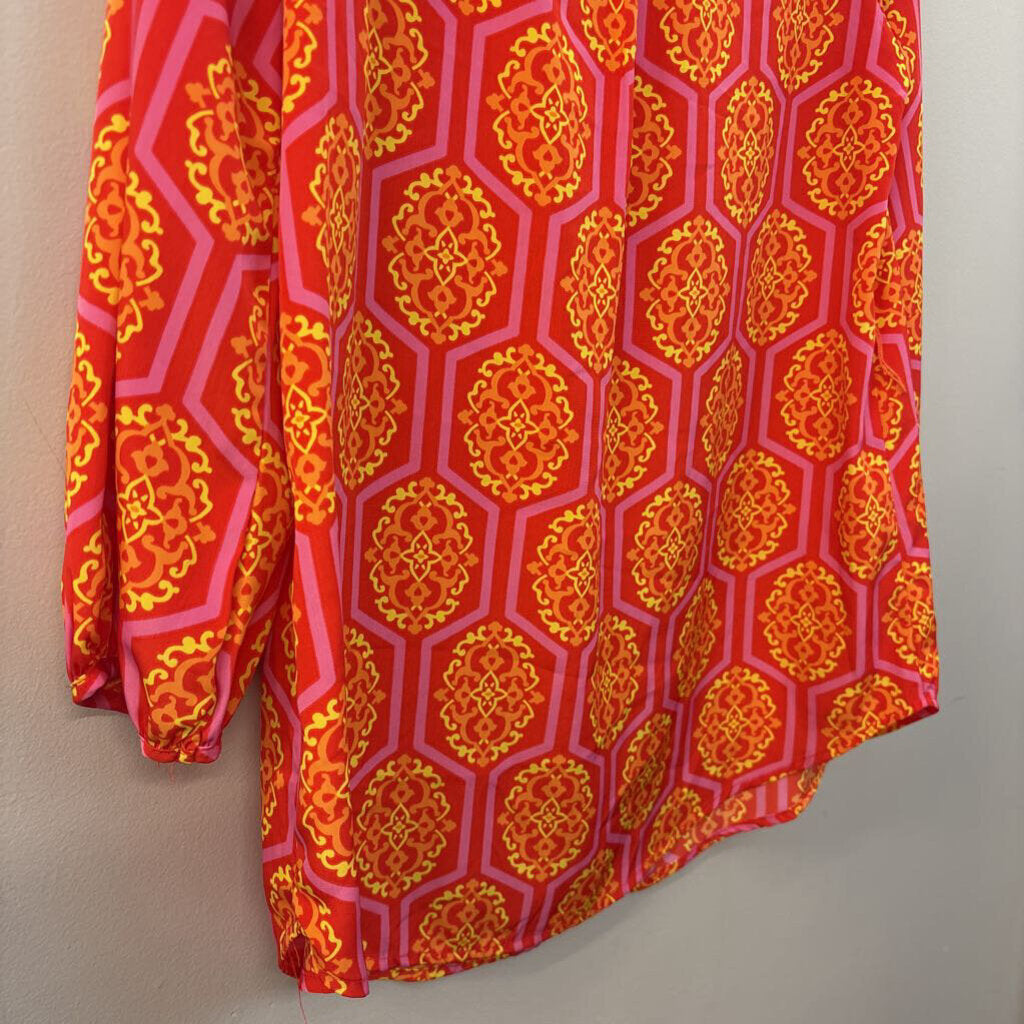 Peach Love Red/ Multi Print Long Sleeve Button Front Top Medium