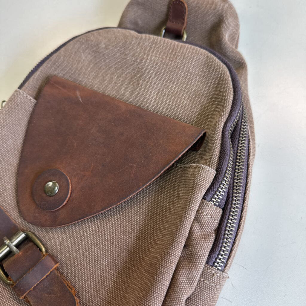 KL928 Brown Canvas/ Leather Sling Bag