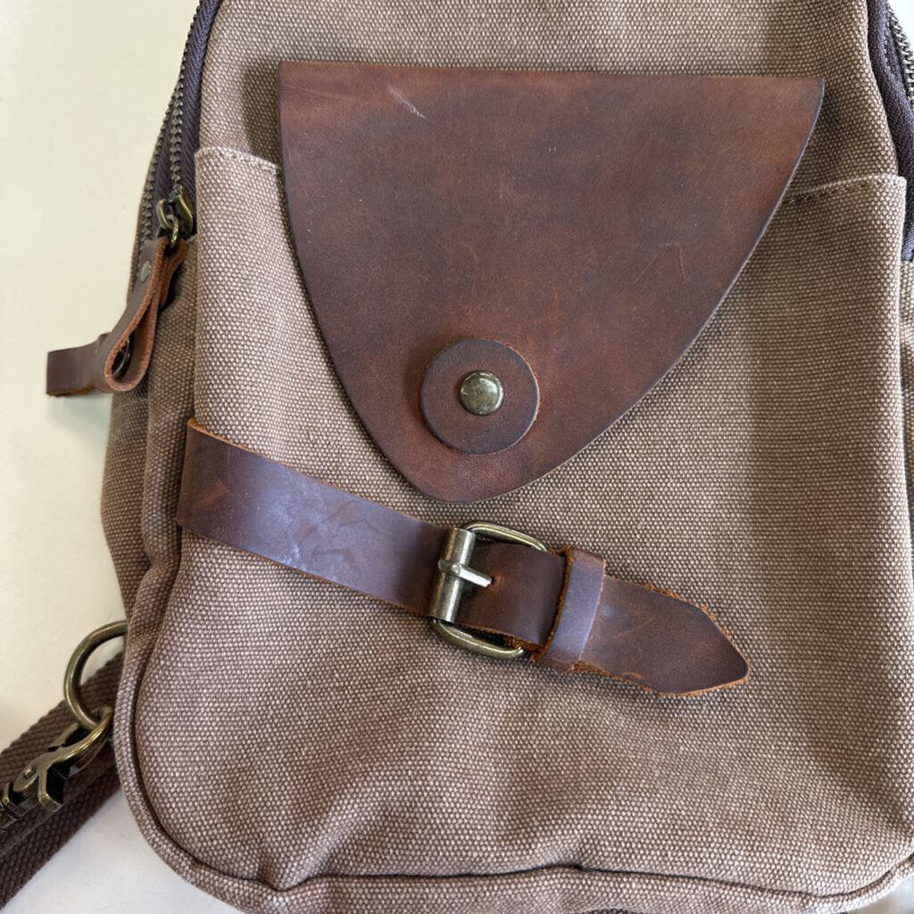 KL928 Brown Canvas/ Leather Sling Bag