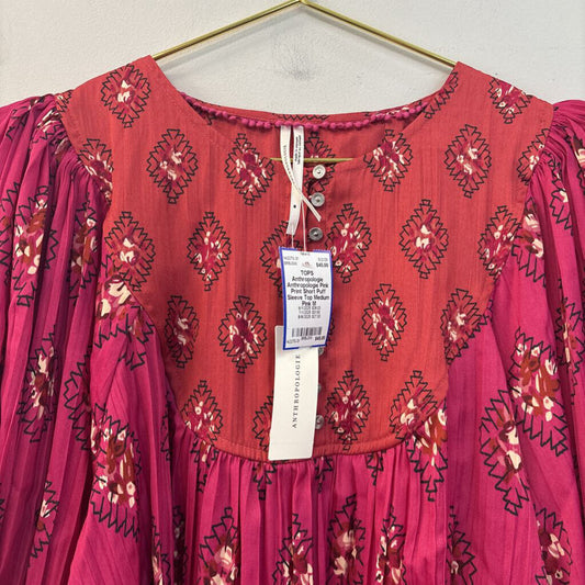 Anthropologie Pink Print Short Puff Sleeve Top Medium