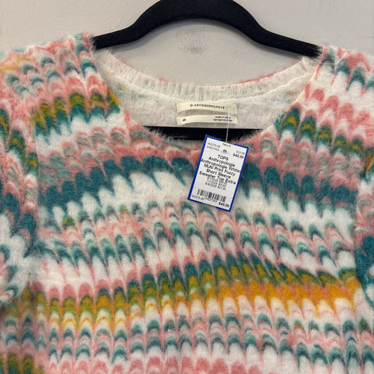 Anthropologie White/ MUlti Print Fuzzy Short Sleeve Sweater Top Extra Small