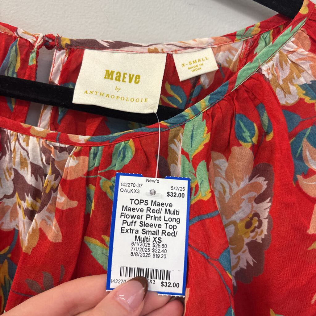 Maeve Red/ Multi Flower Print Long Puff Sleeve Top Extra Small