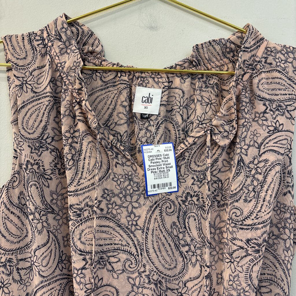 Cabi Pink/ Multi Paisley Print Smocked Waist Dress Extra Small