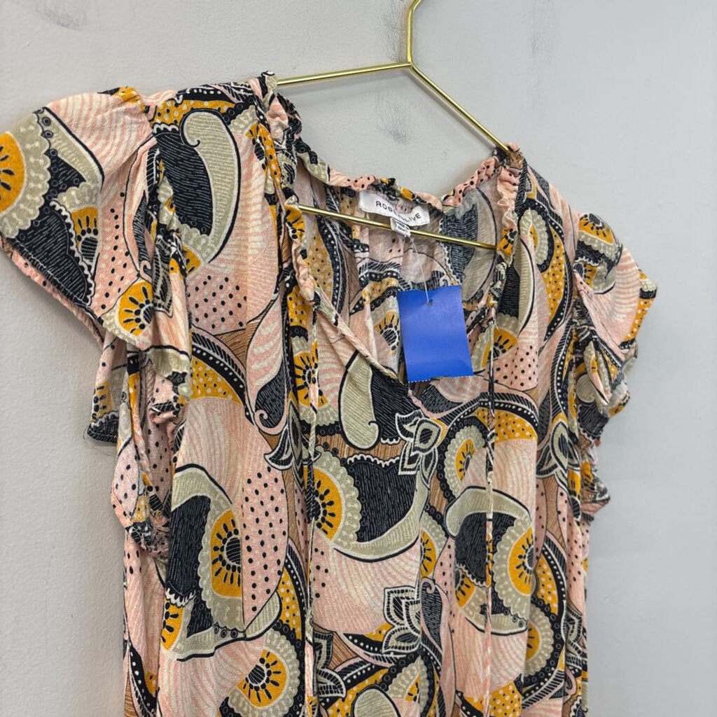 Rose and Olive Pink/ Multi Print Short Ruffle Sleeve Top Extra Small