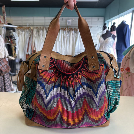 Brown Leather Multi Color Tapestry Purse