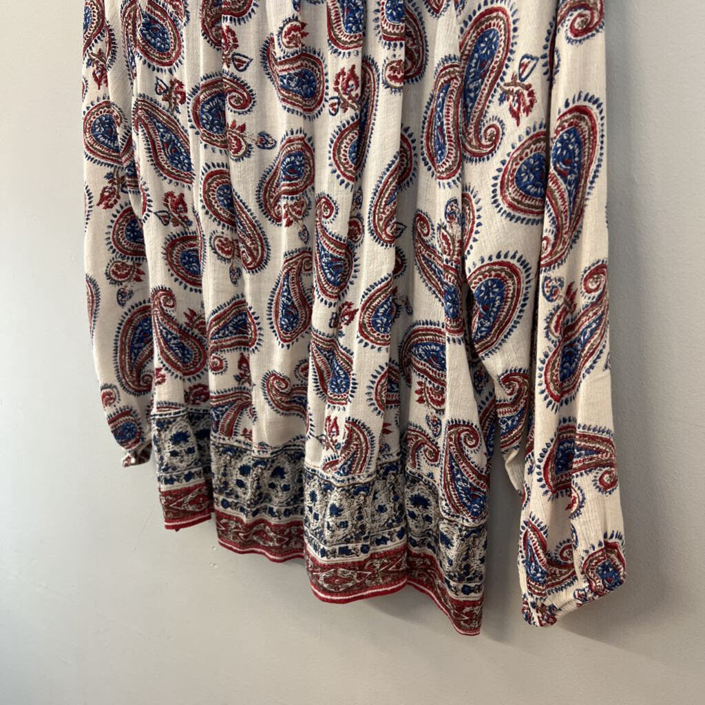 Chaps White/ Blue/ Red Paisley Print Long Sleeve Top Large