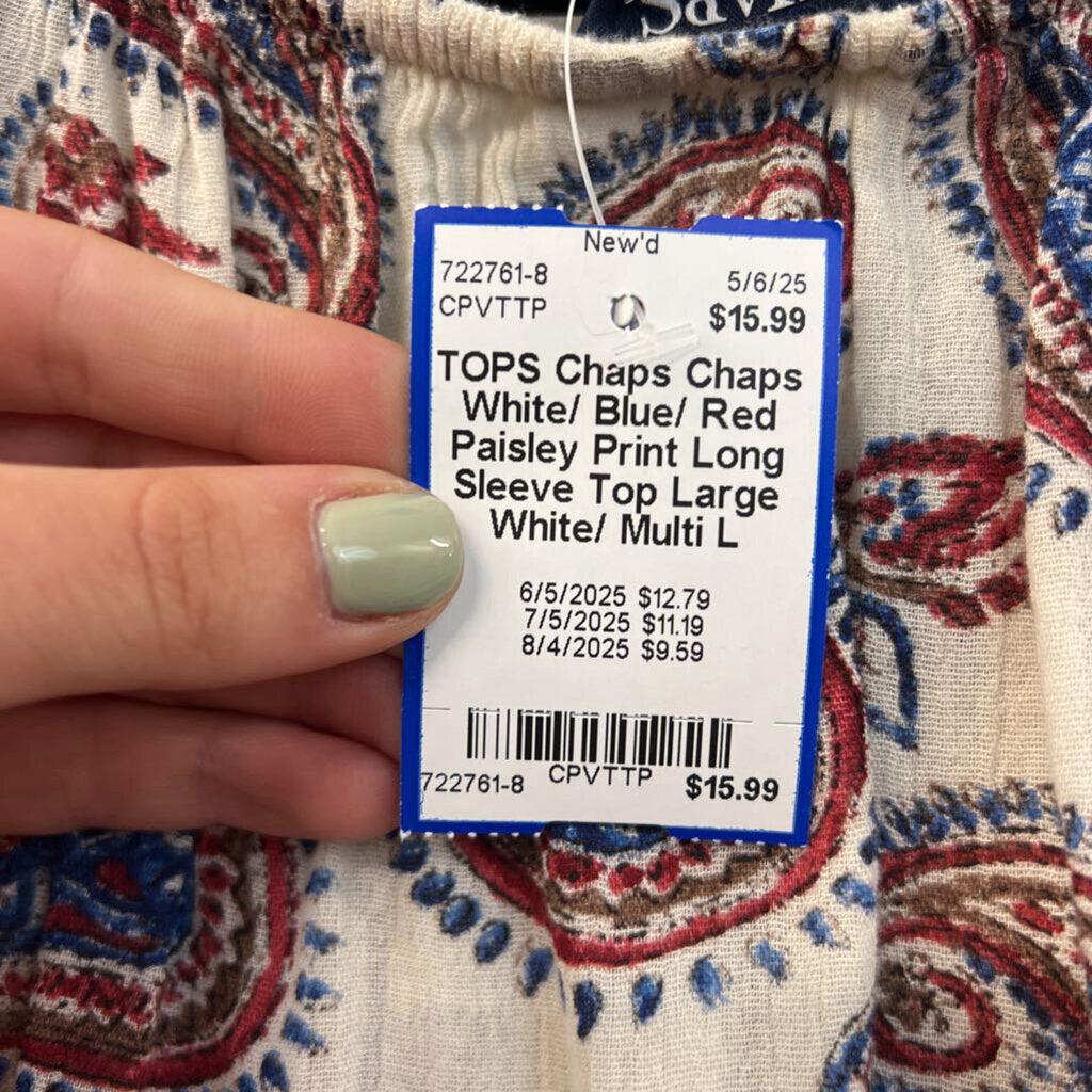 Chaps White/ Blue/ Red Paisley Print Long Sleeve Top Large