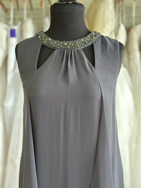 S.L. Fashions Grey Beaded Neck Short Formal Dress 10
