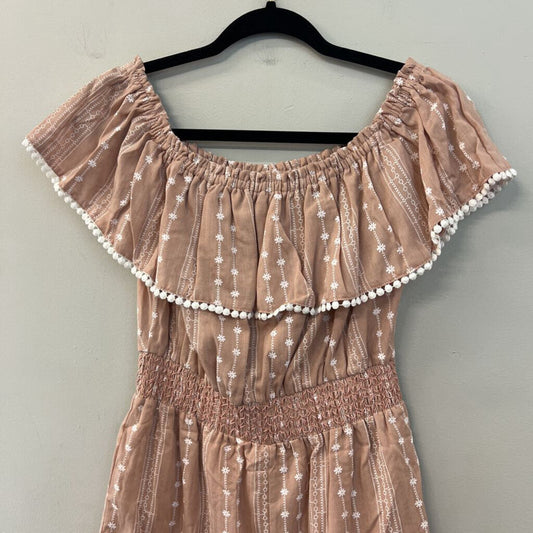 Pink Lily Brown/ White Flower Print Off Shoulder Romper Small