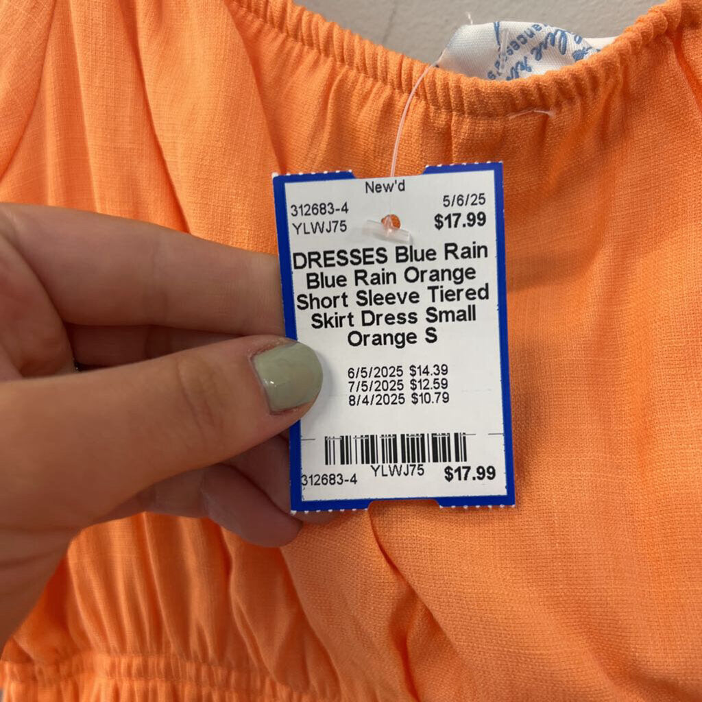 Blue Rain Orange Short Sleeve Tiered Skirt Dress Small