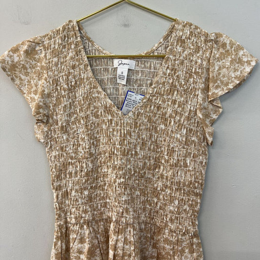 Japna Brown/ White Print Smocked Short Sleeve Top Small