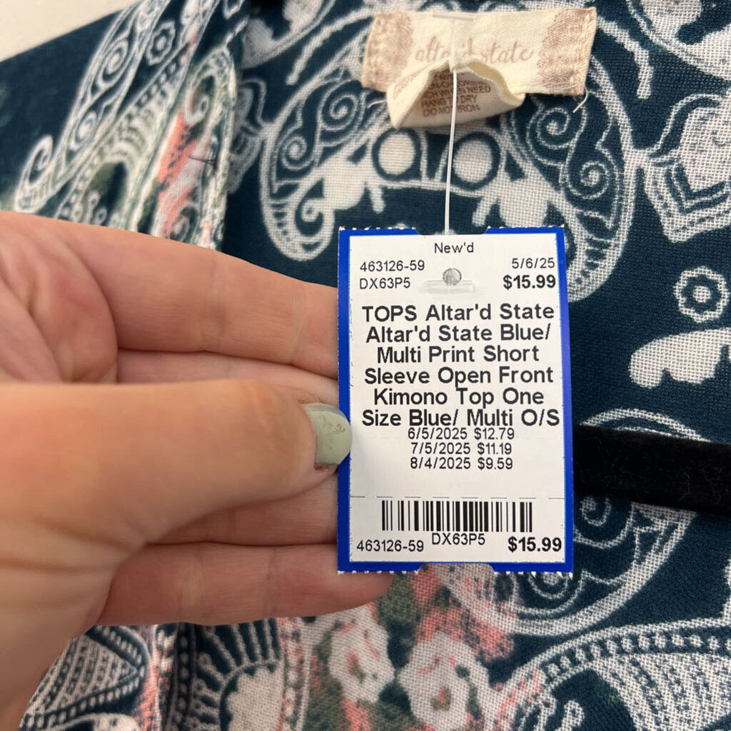 Altar'd State Blue/ Multi Print Short Sleeve Open Front Kimono Top One Size