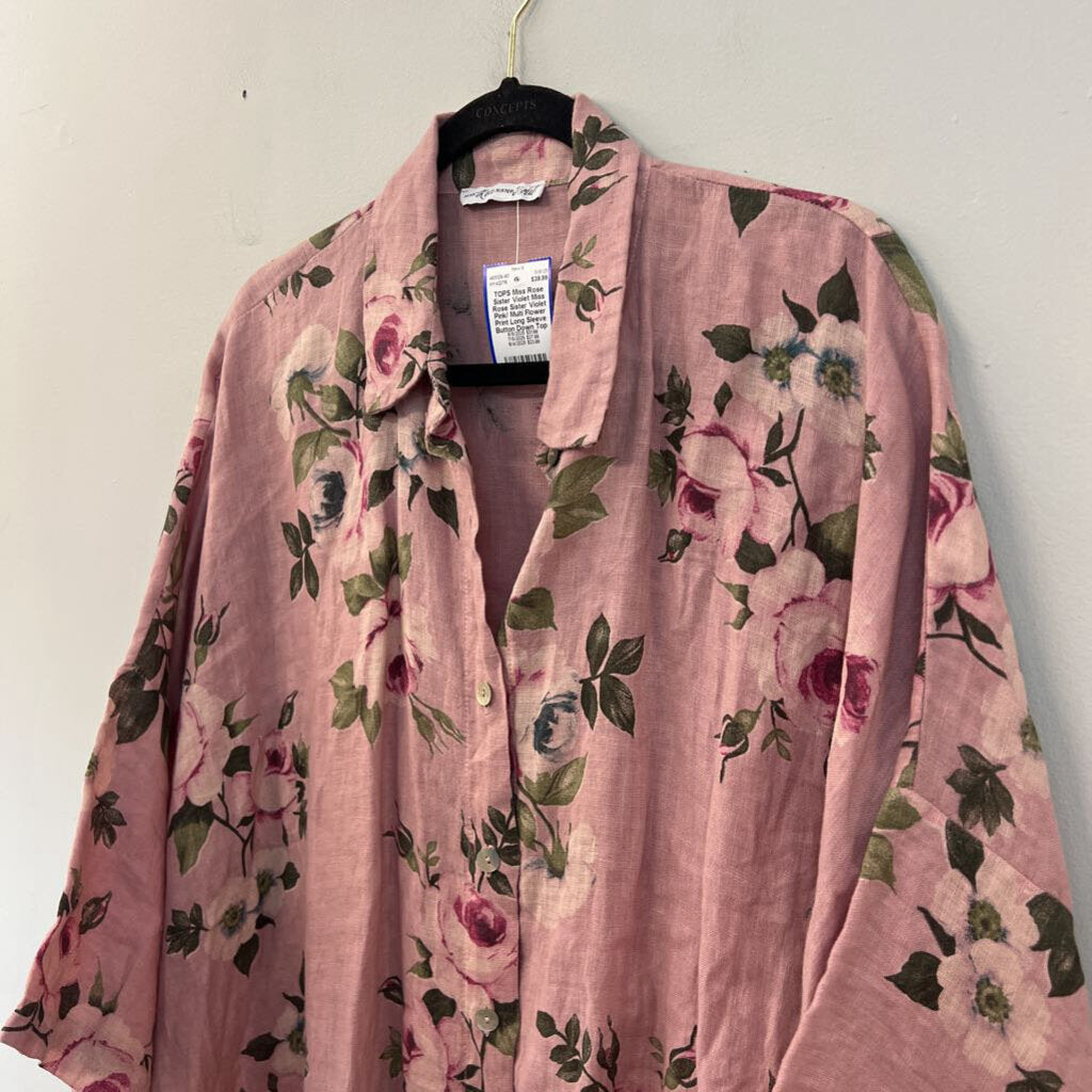 Miss Rose Sister Violet Pink/ Multi Flower Print Long Sleeve Button Down Top One Size