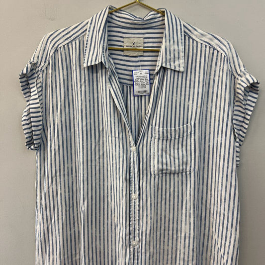 American Eagle White/ Blue Striped Short Sleeve Button Down Top Medium