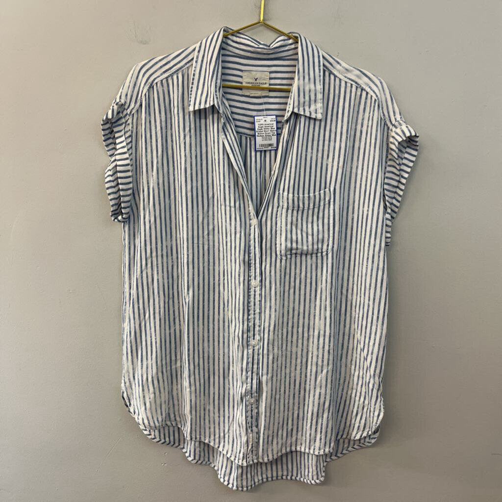 American Eagle White/ Blue Striped Short Sleeve Button Down Top Medium