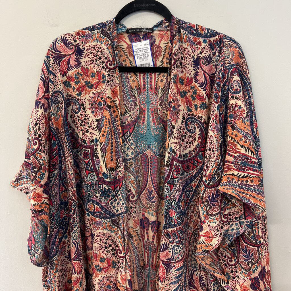 Black Tape Cream/ Multi Print Short Sleeve Open Front Kimono Top 3X