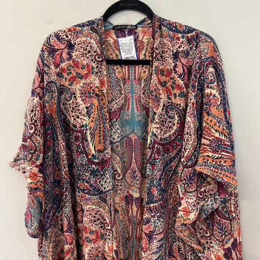 Black Tape Cream/ Multi Print Short Sleeve Open Front Kimono Top 3X