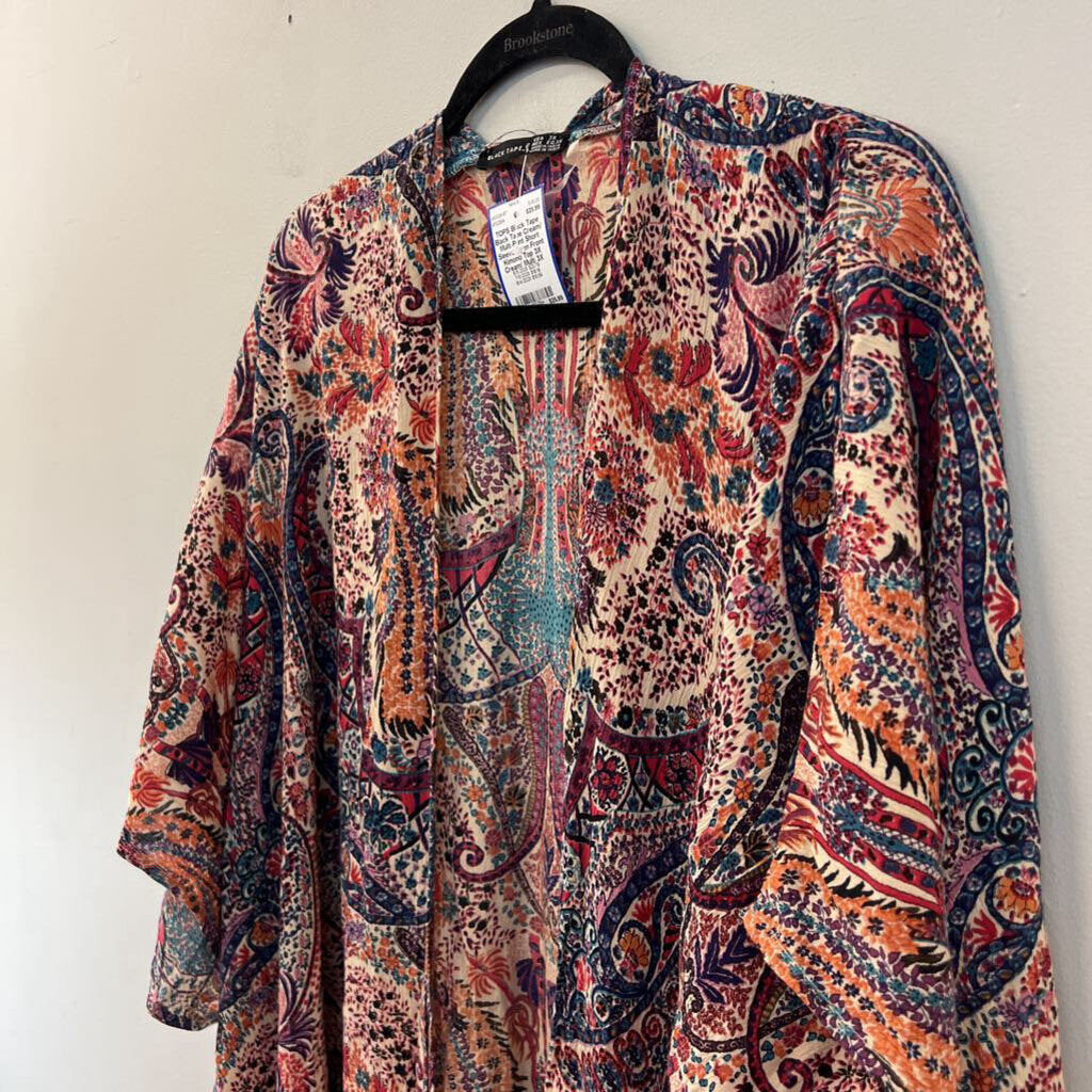Black Tape Cream/ Multi Print Short Sleeve Open Front Kimono Top 3X