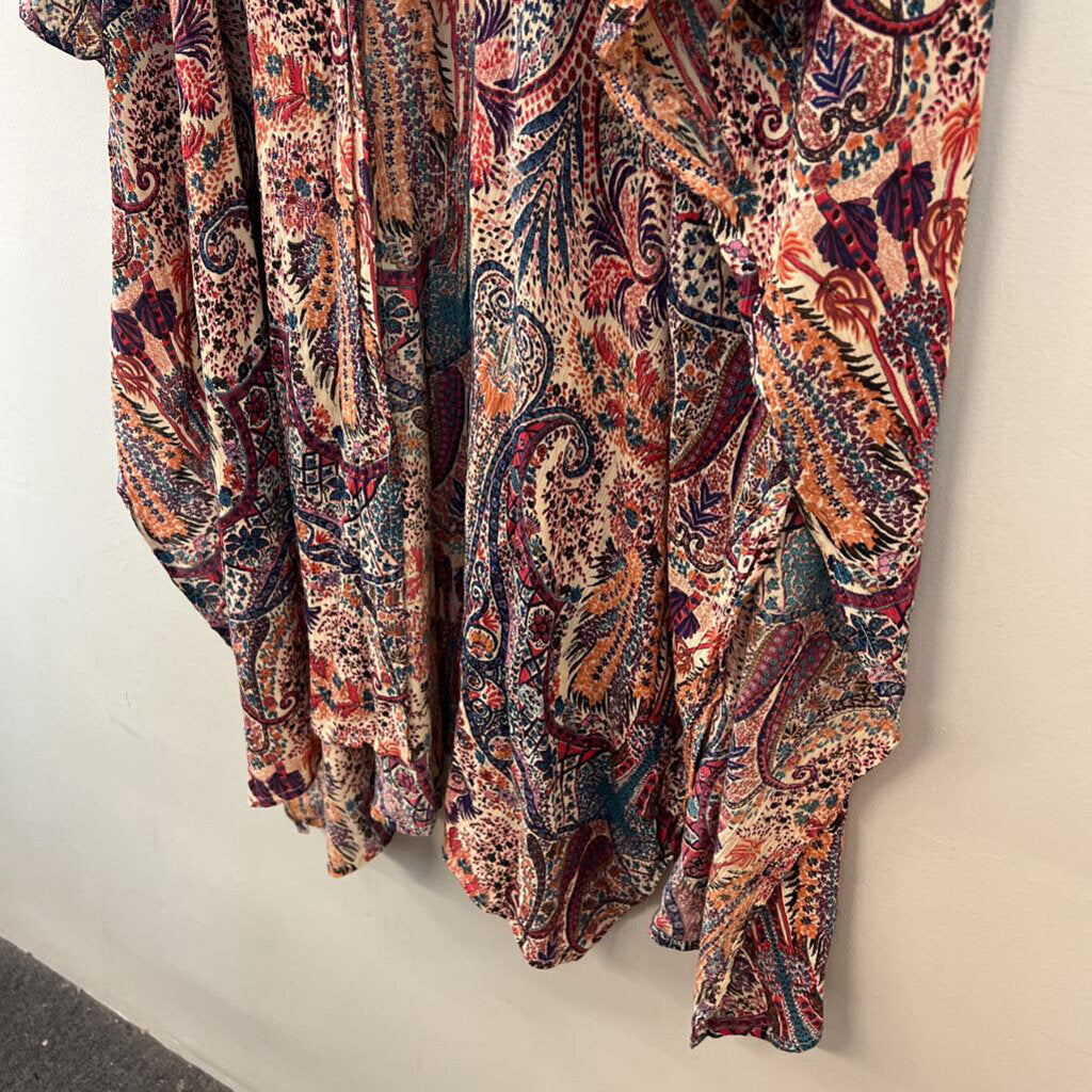 Black Tape Cream/ Multi Print Short Sleeve Open Front Kimono Top 3X