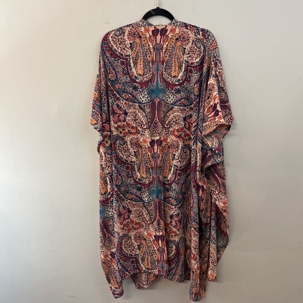Black Tape Cream/ Multi Print Short Sleeve Open Front Kimono Top 3X