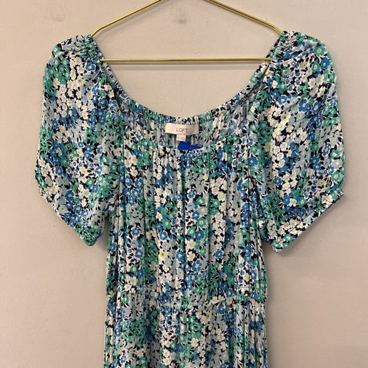 Loft Blue/ Green Flower Print Short Puff Sleeve Maxi Dress Medium