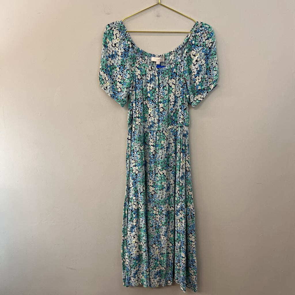 Loft Blue/ Green Flower Print Short Puff Sleeve Maxi Dress Medium