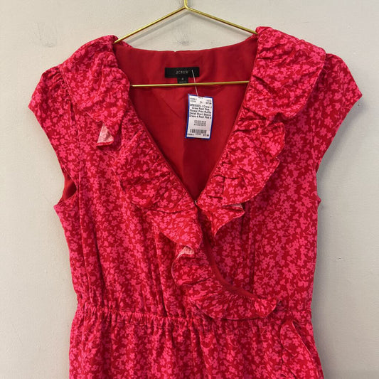J Crew Red/ Pink Flower Print Ruffle Detail Short Sleeve Dress 4