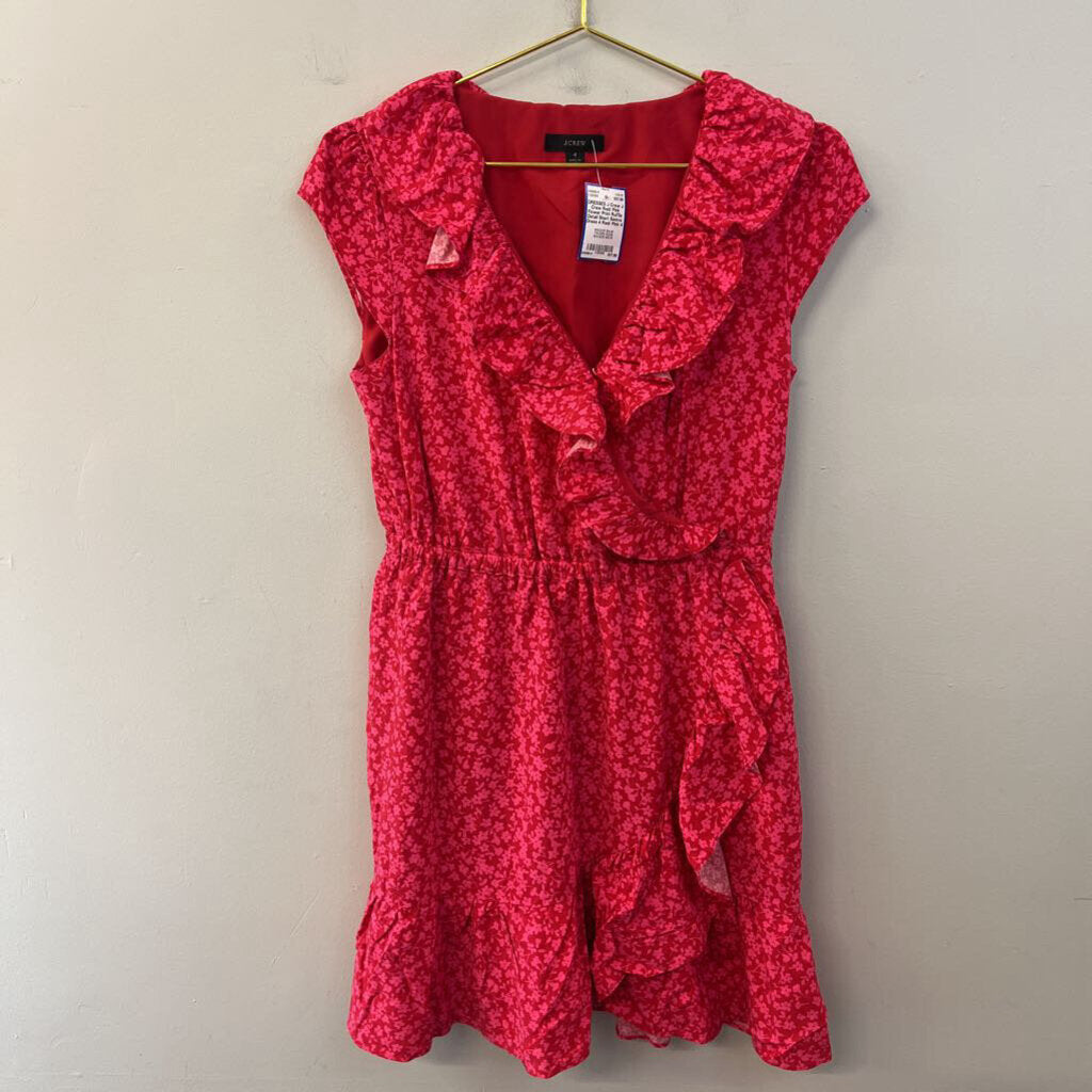 J Crew Red/ Pink Flower Print Ruffle Detail Short Sleeve Dress 4
