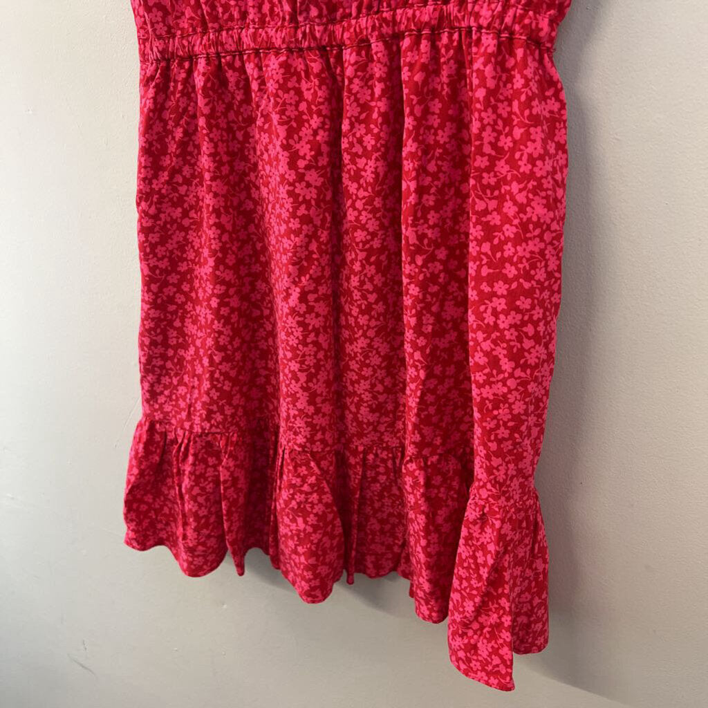 J Crew Red/ Pink Flower Print Ruffle Detail Short Sleeve Dress 4