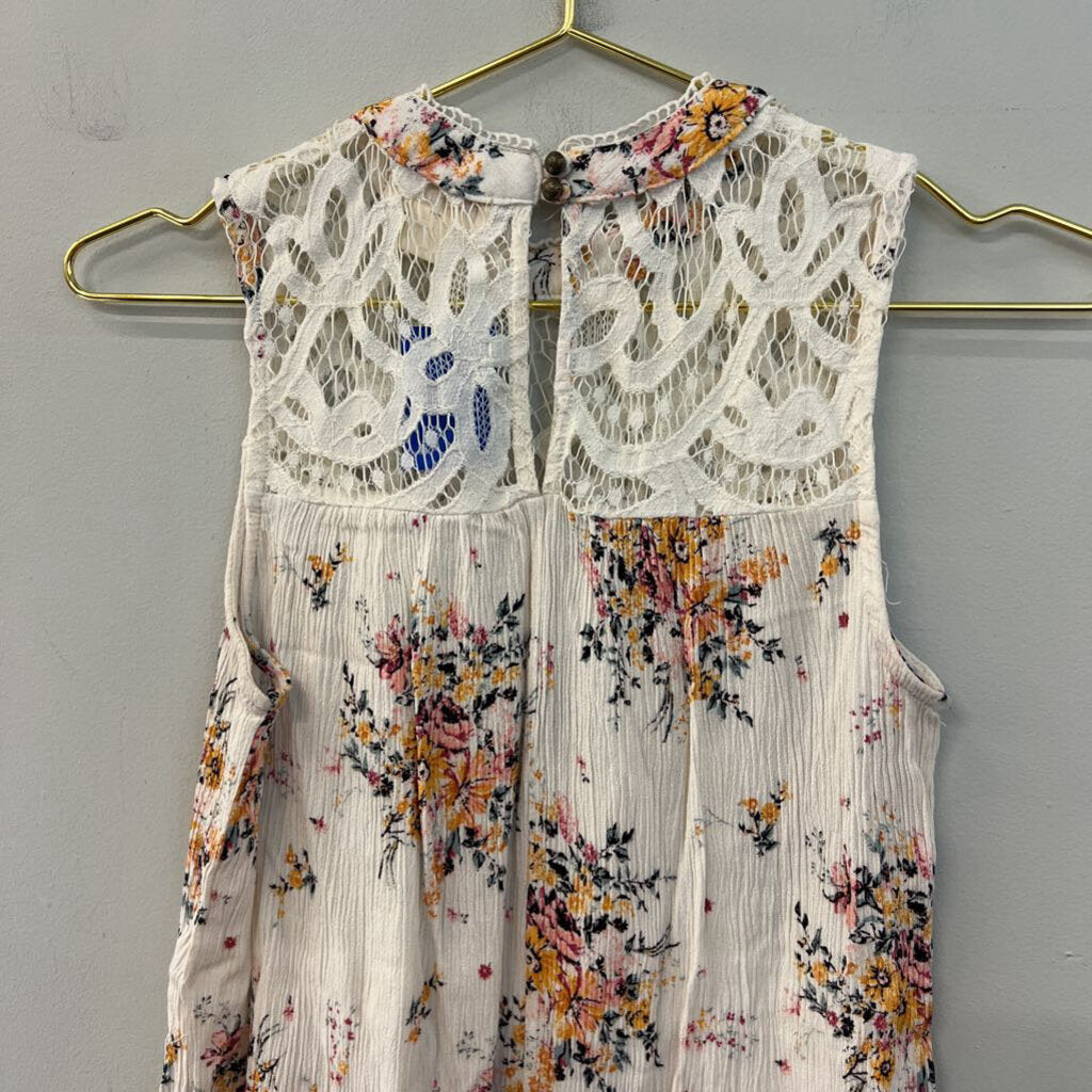 Altar'd State Cream/ Multi Flower Print Lace Top Tank Top Small