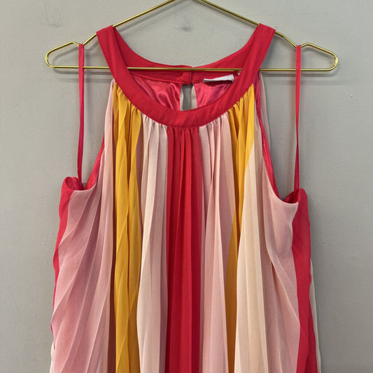 New York and Company Pink/ Multi Striped Pleated Maxi Dress Extra Large
