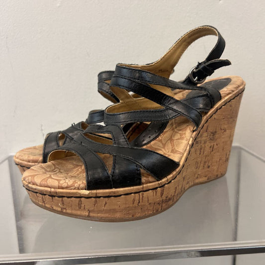 BOC Born Concept Black Strappy Cork Wedge Sandal Heels 7