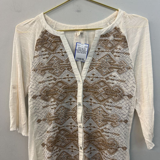 Tiny Cream/ Brown Embroidered Button Front Top Medium