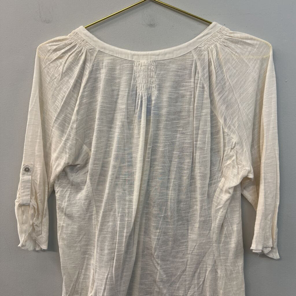 Tiny Cream/ Brown Embroidered Button Front Top Medium