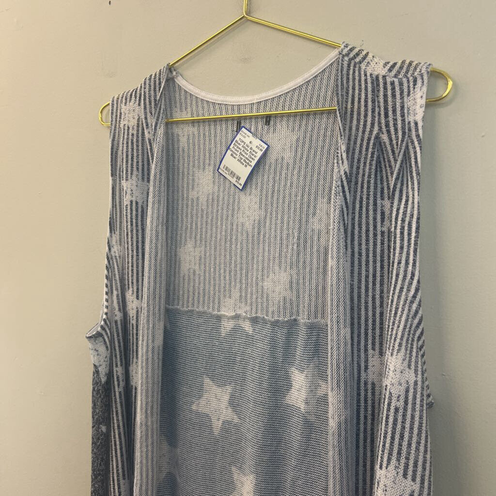 Blue/ White Stars/ Stripes Print Open Front Sleeveless Kimono Top Medium