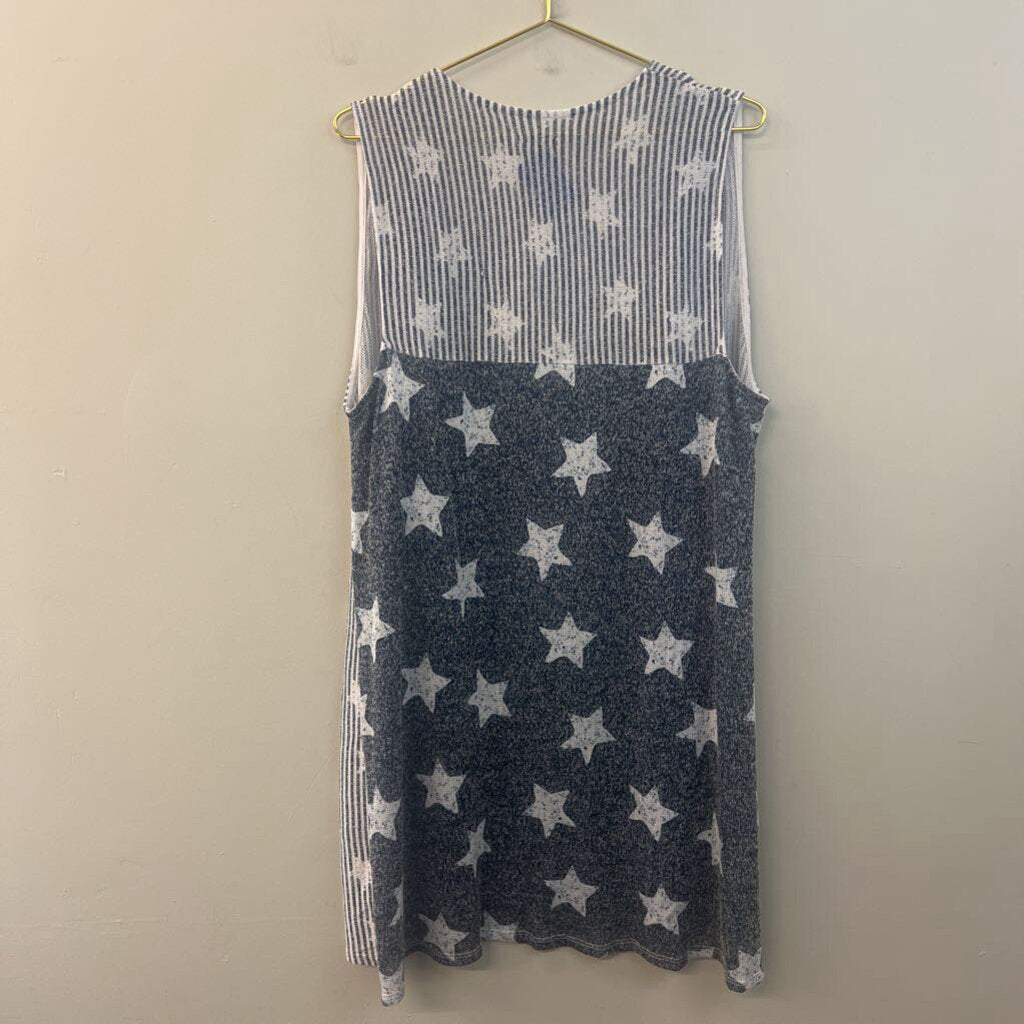 Blue/ White Stars/ Stripes Print Open Front Sleeveless Kimono Top Medium