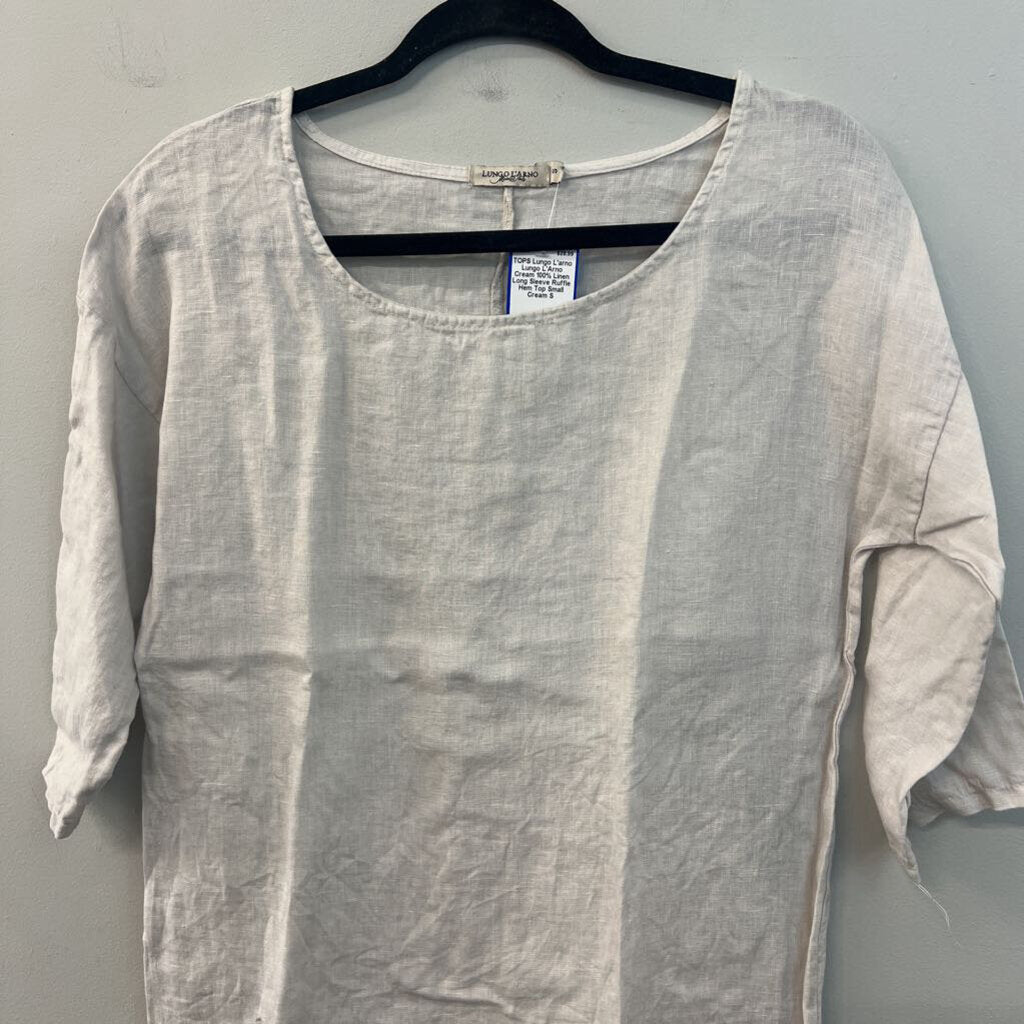Lungo L'Arno Cream 100% Linen Long Sleeve Ruffle Hem Top Small