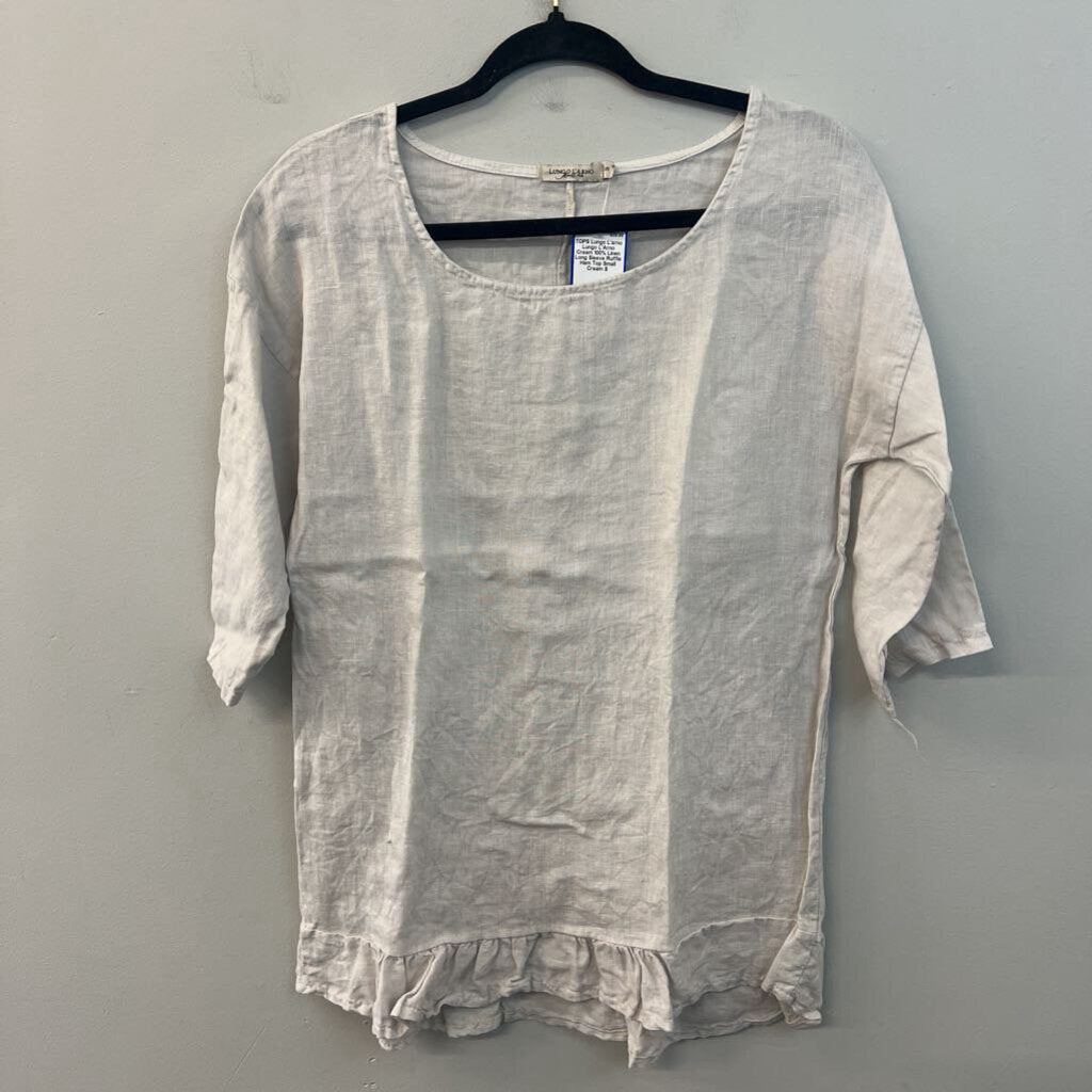 Lungo L'Arno Cream 100% Linen Long Sleeve Ruffle Hem Top Small