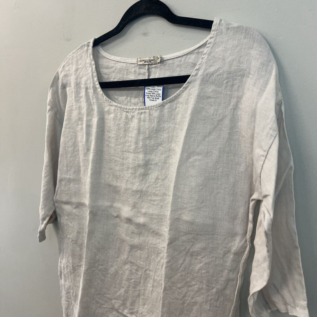 Lungo L'Arno Cream 100% Linen Long Sleeve Ruffle Hem Top Small