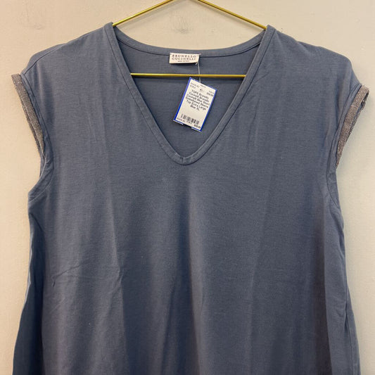Brunello Cucinelli Blue Short Embellished Sleeve Top Extra Large