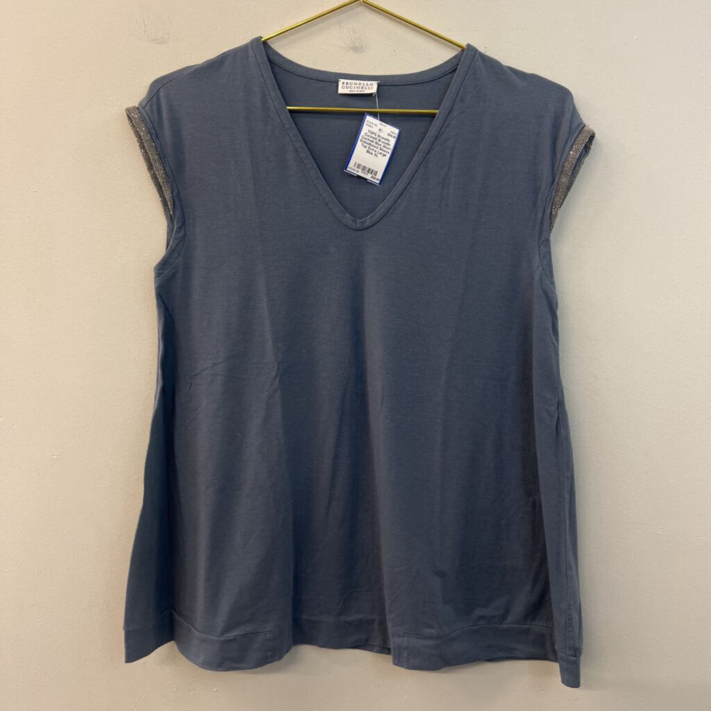 Brunello Cucinelli Blue Short Embellished Sleeve Top Extra Large