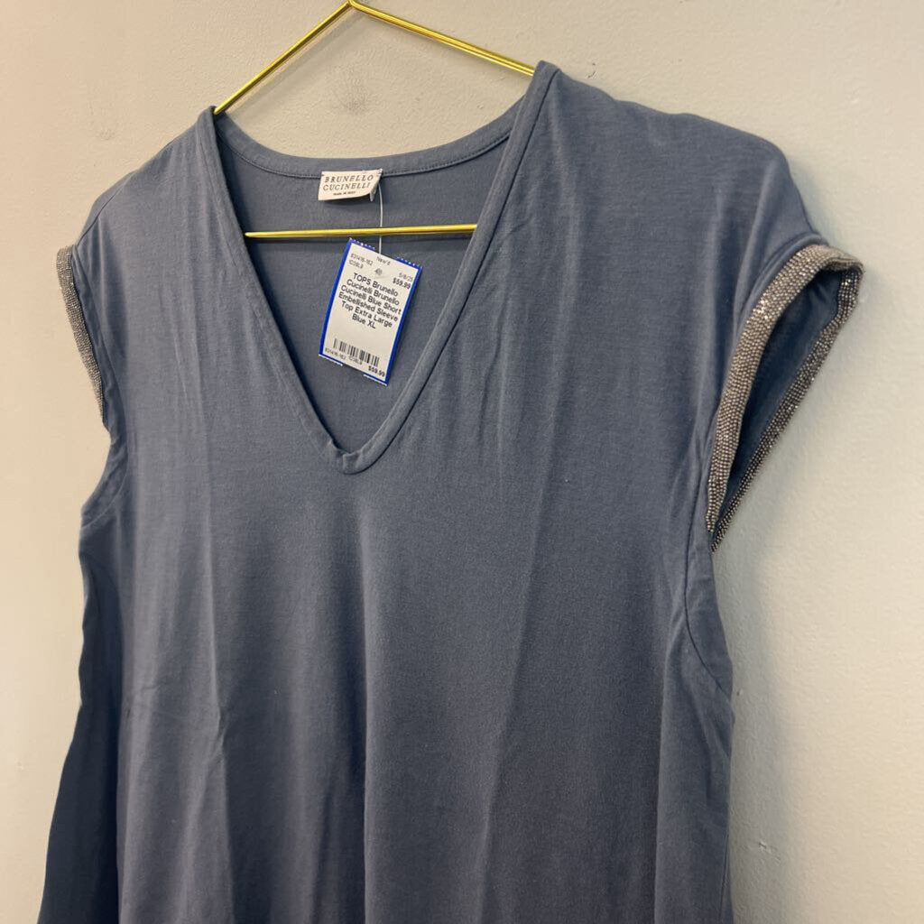 Brunello Cucinelli Blue Short Embellished Sleeve Top Extra Large
