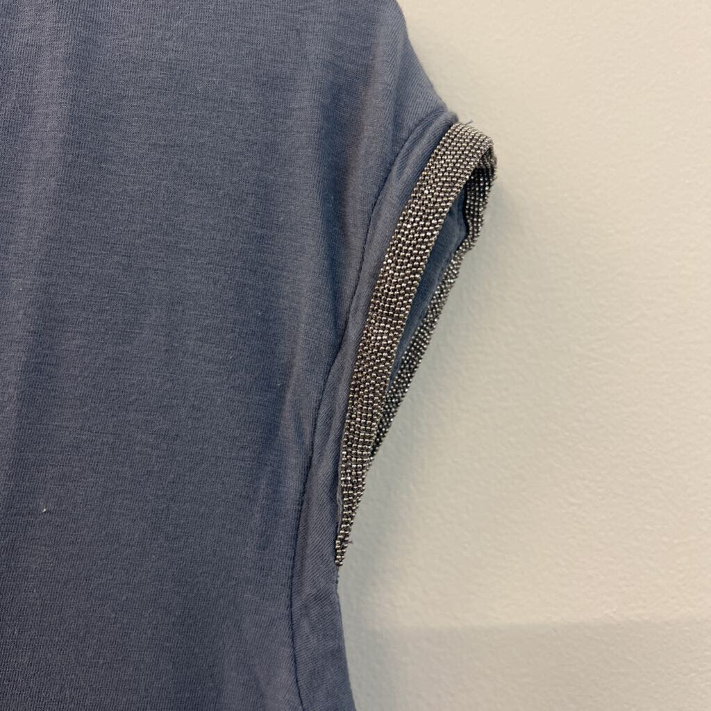 Brunello Cucinelli Blue Short Embellished Sleeve Top Extra Large