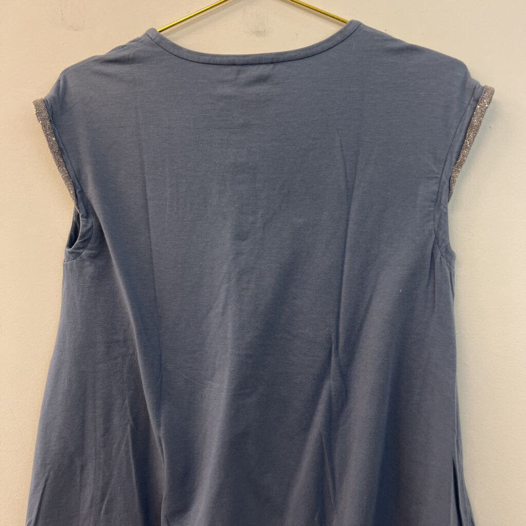 Brunello Cucinelli Blue Short Embellished Sleeve Top Extra Large