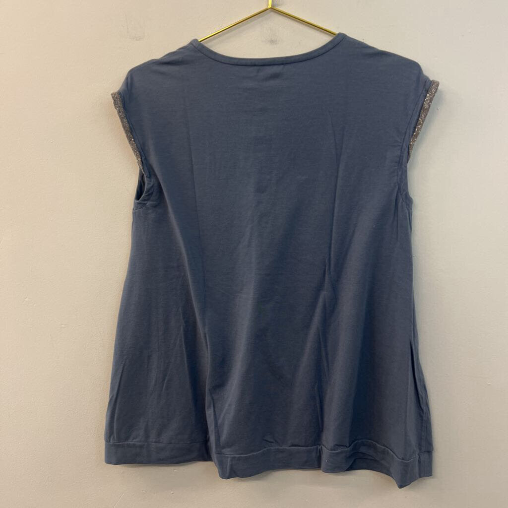 Brunello Cucinelli Blue Short Embellished Sleeve Top Extra Large